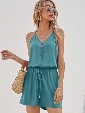 Women's Romper Jumpsuit Shorts V Neck Button Front Spaghetti Strap Drawstring Sm